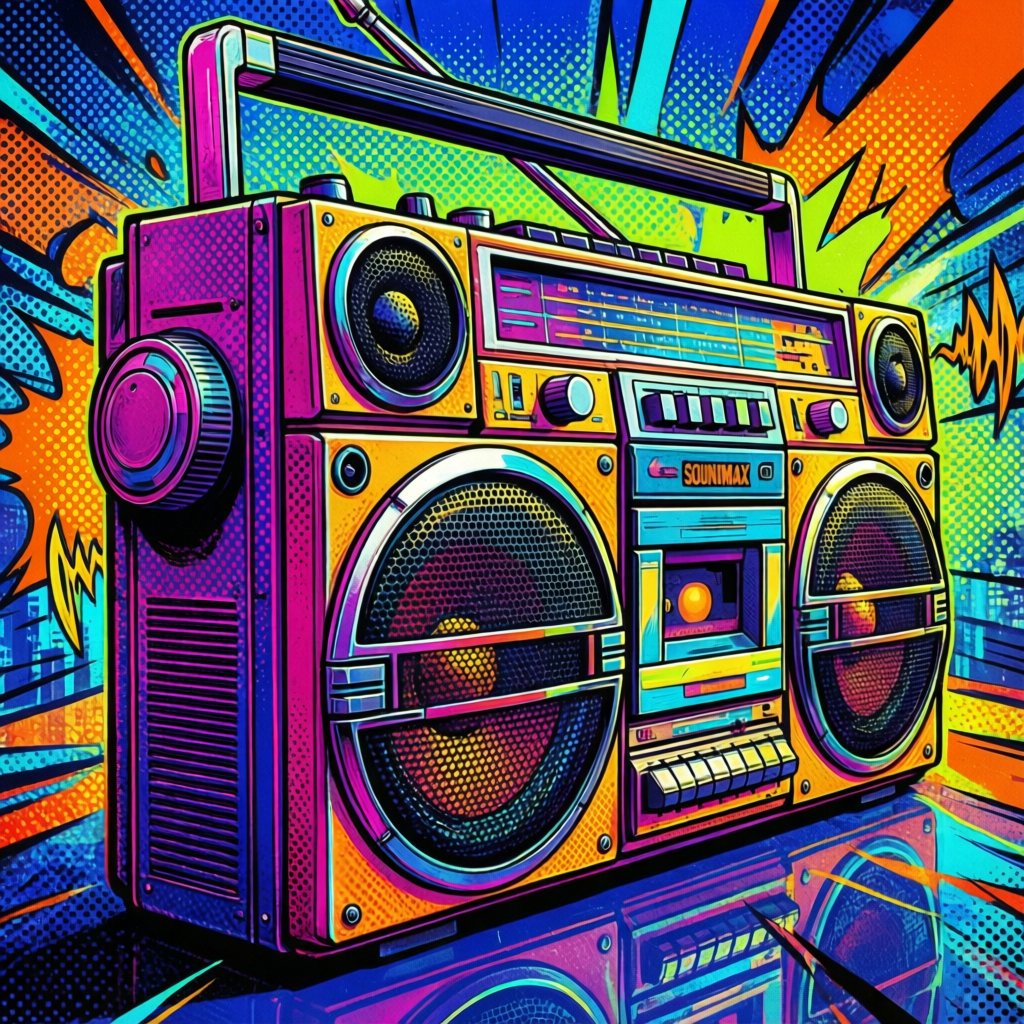 Vibrant pop art illustration of a retro 1980s boom - AI